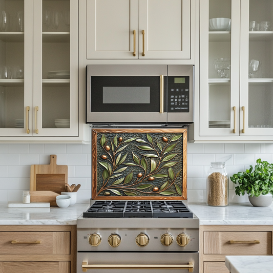 Copper Look Olive Branches One Piece Tempered Glass Kitchen Splashback For Stove Behind, Kitchen Backsplash, Wall Art