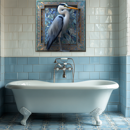 Blue Heron Glass Backsplash, Tempered Glass Wall Art Panel, Coastal Bird Kitchen Backsplash, Modern Wildlife Glass Splashback Decor