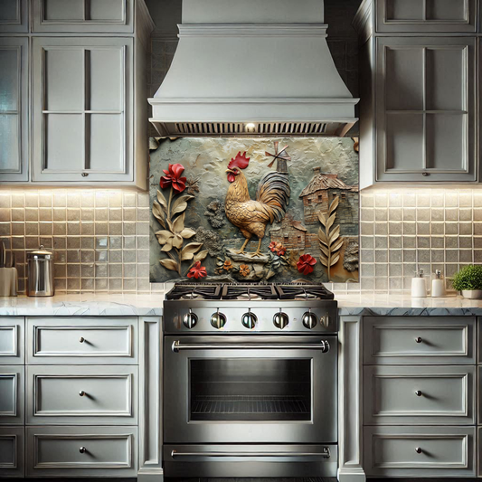 Cockerel Themed One Piece Tempered Glass Kitchen Splashback For Stove Behind, Kitchen Backsplash, Kitchen Backsplash, Wall Art