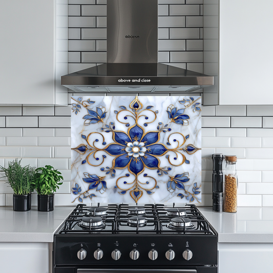 Blue Pattern Marble Look One Piece Tempered Glass Kitchen Splashback For Stove Behind, Kitchen Backsplash, Kitchen Backsplash, Wall Art