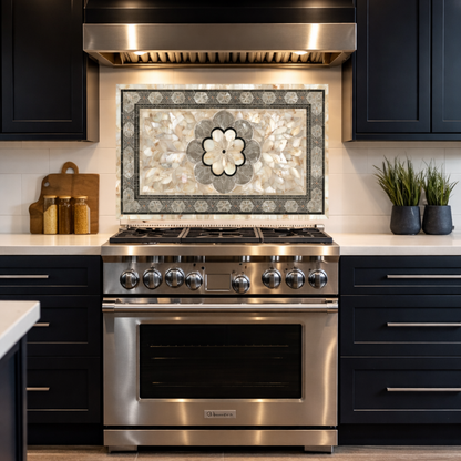 Ottoman Pattern on Marble Print Background Glass Backsplash for Kitchen Stove, Custom Wall Art, Heat-Resistant Kitchen Decor