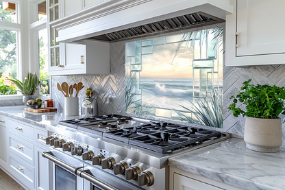 Ocean Landscape Scene Printed Tempered Glass Kitchen Backsplash Splashback Decorative Wall Art Panel for Modern Coastal Home Decor