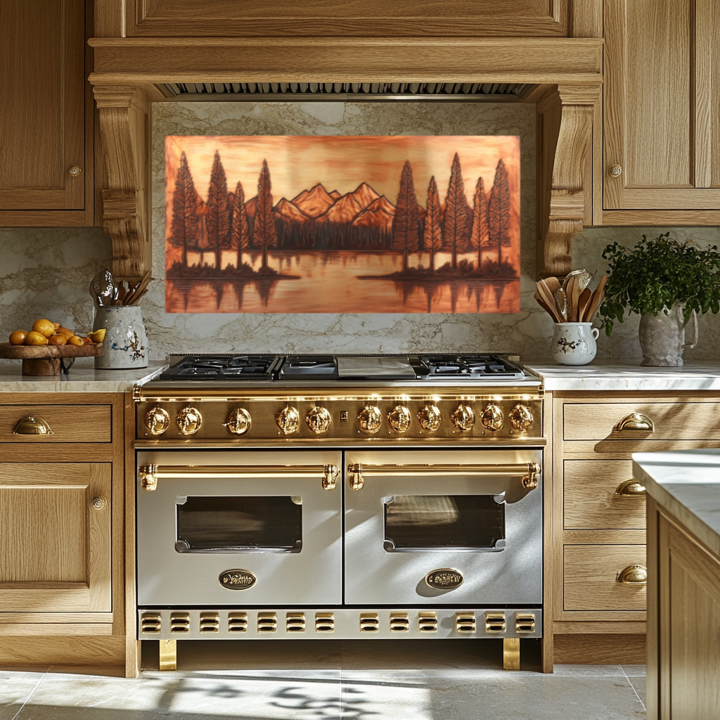 Copper Tone Mountain & Glass Tree Landscape Printed Tempered Glass Kitchen Backsplash Splashback or Wall Art Panel