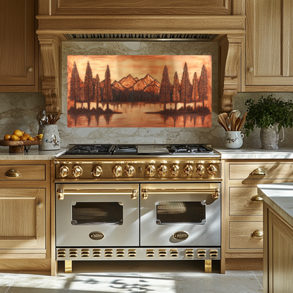 Copper Tone Mountain & Glass Tree Landscape Printed Tempered Glass Kitchen Backsplash Splashback or Wall Art Panel