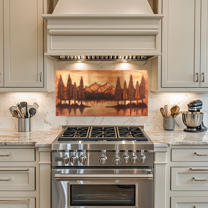 Copper Tone Mountain & Glass Tree Landscape Printed Tempered Glass Kitchen Backsplash Splashback or Wall Art Panel