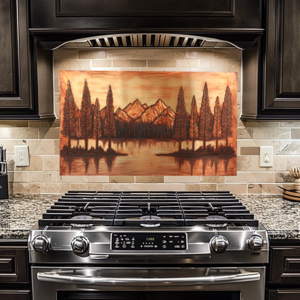 Copper Tone Mountain & Glass Tree Landscape Printed Tempered Glass Kitchen Backsplash Splashback or Wall Art Panel