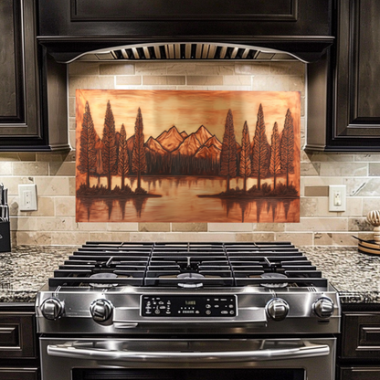 Copper Tone Mountain & Glass Tree Landscape Printed Tempered Glass Kitchen Backsplash Splashback or Wall Art Panel