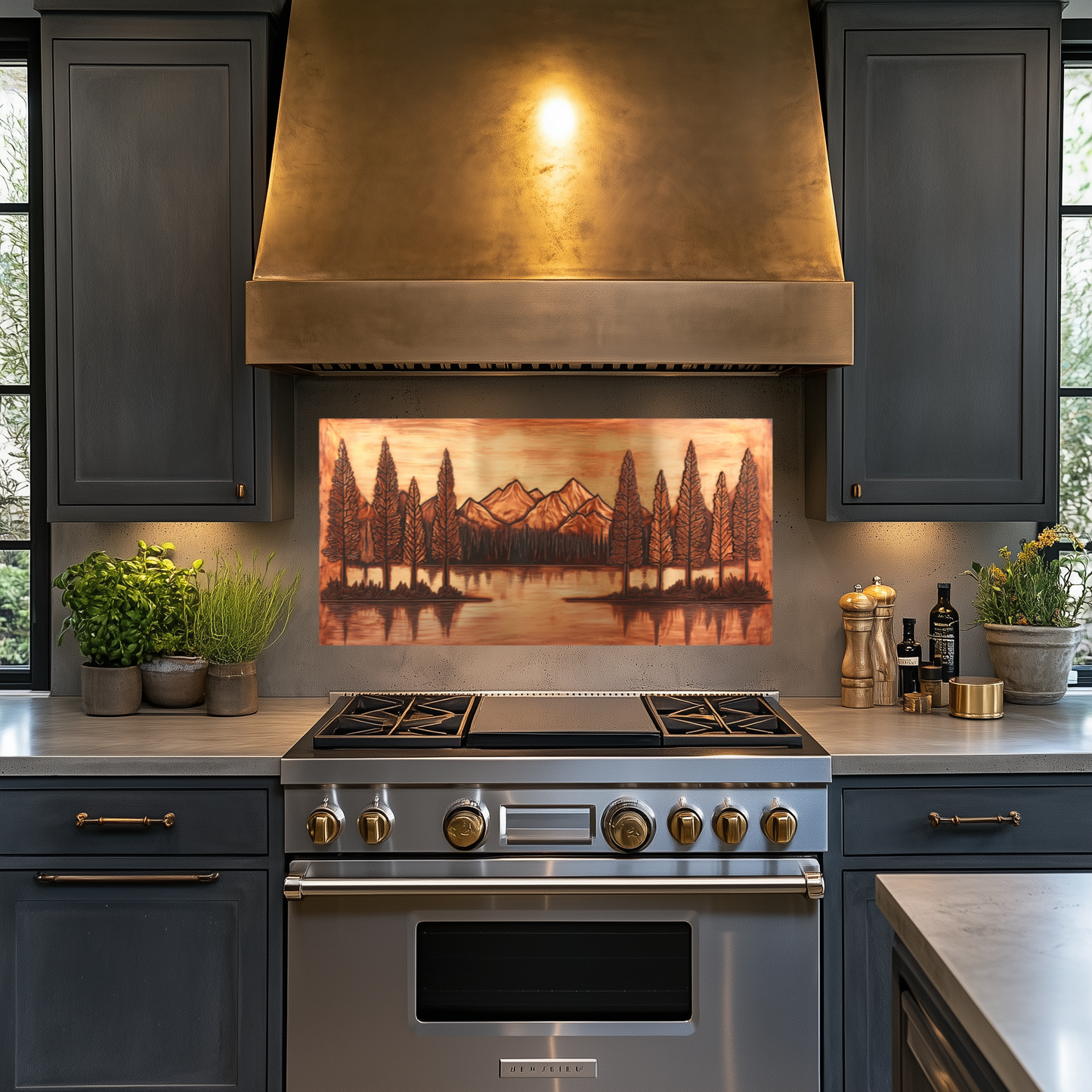 Copper Tone Mountain & Glass Tree Landscape Printed Tempered Glass Kitchen Backsplash Splashback or Wall Art Panel
