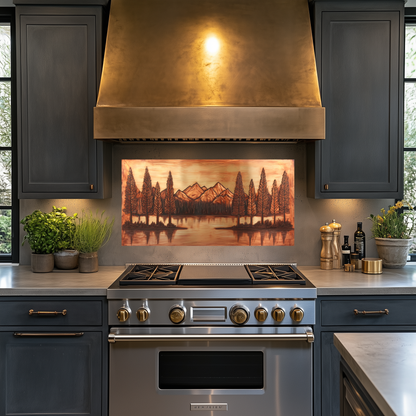 Copper Tone Mountain & Glass Tree Landscape Printed Tempered Glass Kitchen Backsplash Splashback or Wall Art Panel