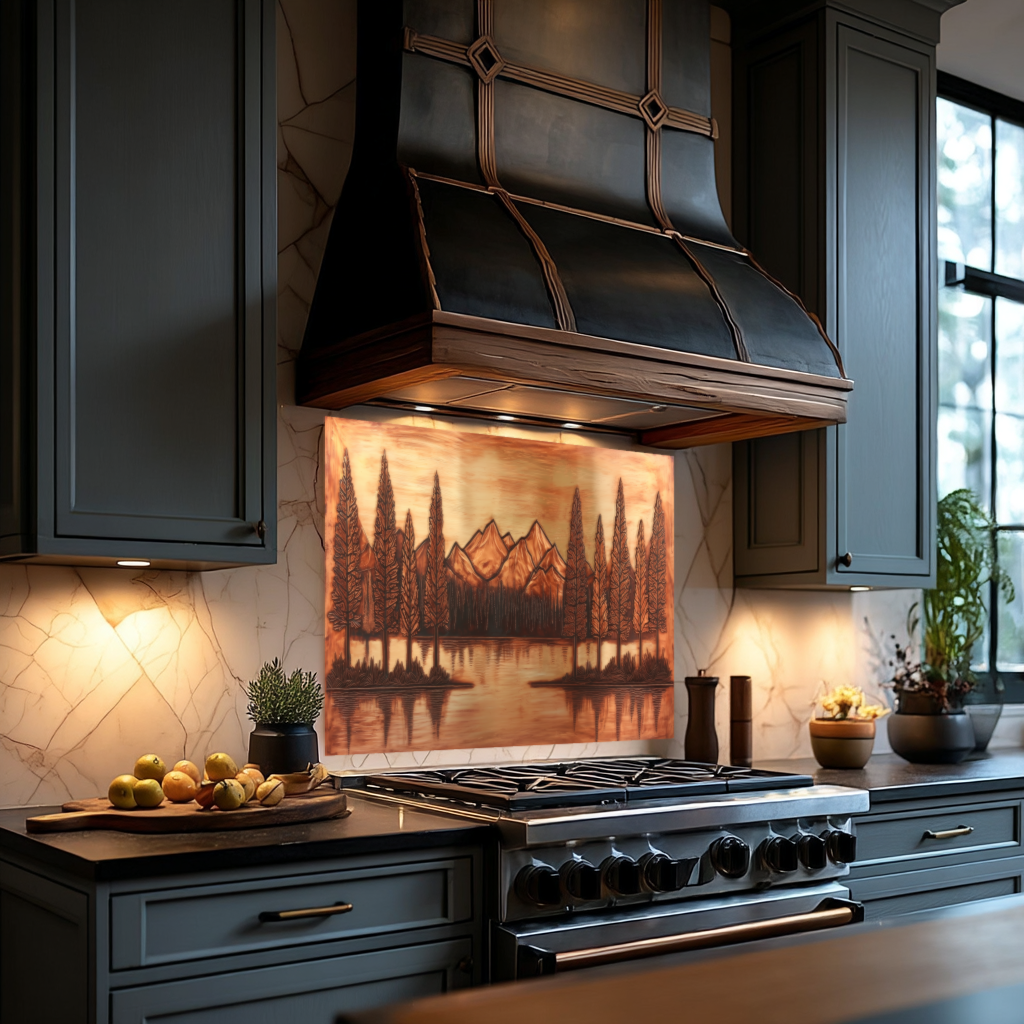 Copper Tone Mountain & Glass Tree Landscape Printed Tempered Glass Kitchen Backsplash Splashback or Wall Art Panel