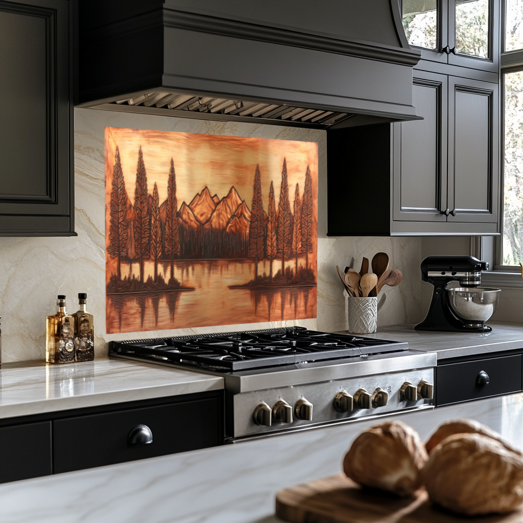 Copper Tone Mountain & Glass Tree Landscape Printed Tempered Glass Kitchen Backsplash Splashback or Wall Art Panel