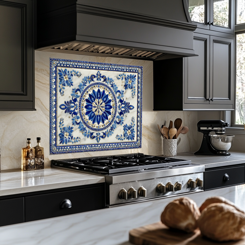 Turkish Tile Pattern Glass Backsplash Panel, Tempered Glass Wall Art, Traditional Anatolian Design, Elegant Kitchen Decor, Stove Protector