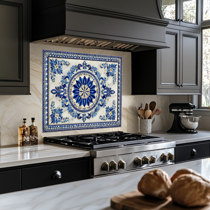 Turkish Tile Pattern Glass Backsplash Panel, Tempered Glass Wall Art, Traditional Anatolian Design, Elegant Kitchen Decor, Stove Protector