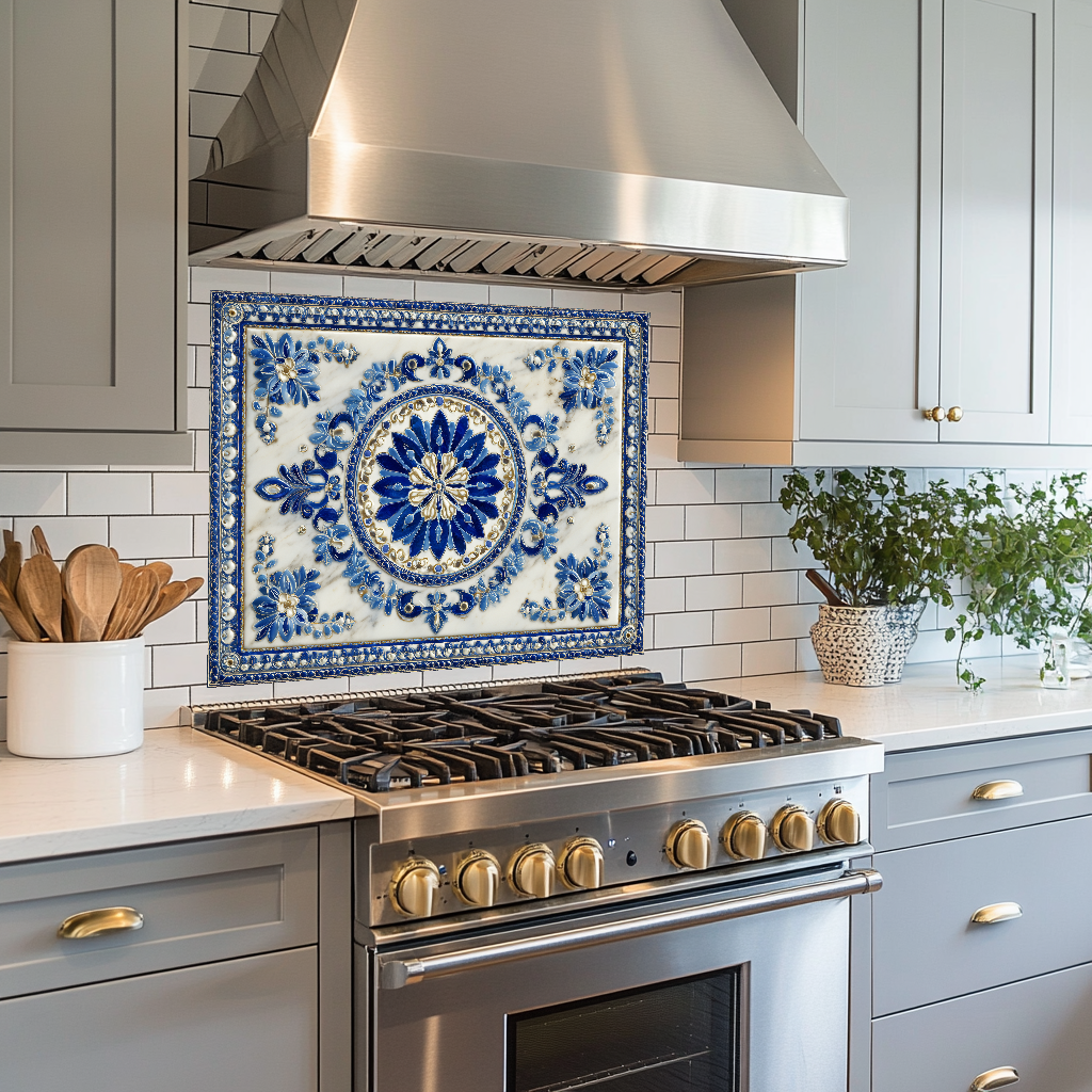 Turkish Tile Pattern Glass Backsplash Panel, Tempered Glass Wall Art, Traditional Anatolian Design, Elegant Kitchen Decor, Stove Protector