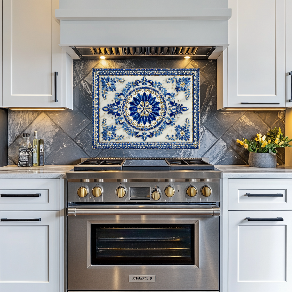 Turkish Tile Pattern Glass Backsplash Panel, Tempered Glass Wall Art, Traditional Anatolian Design, Elegant Kitchen Decor, Stove Protector