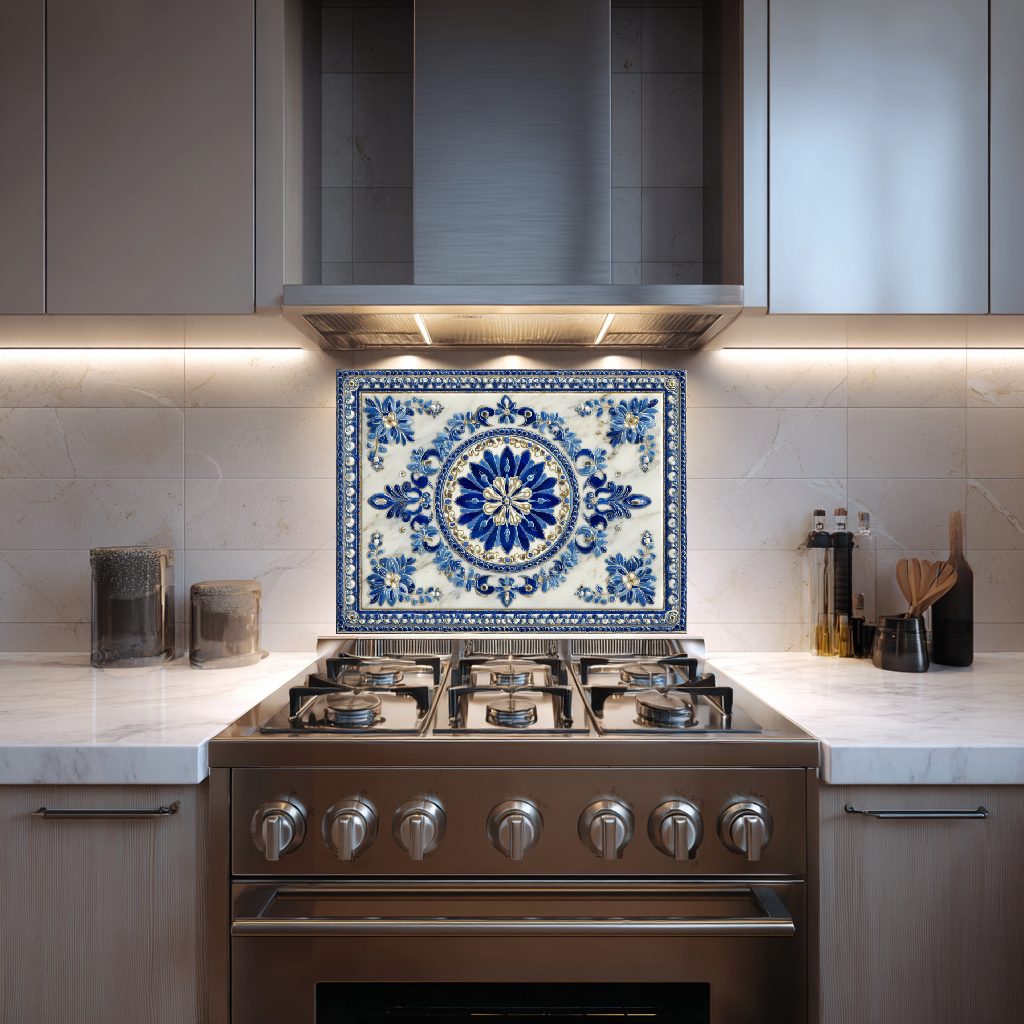Turkish Tile Pattern Glass Backsplash Panel, Tempered Glass Wall Art, Traditional Anatolian Design, Elegant Kitchen Decor, Stove Protector