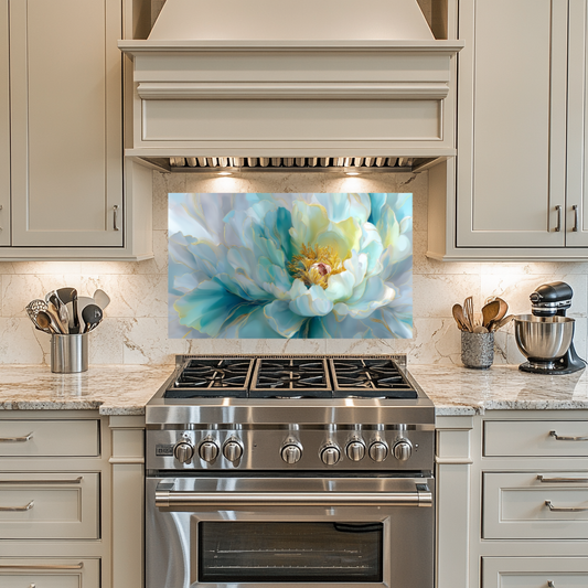 Made in USA, Floral Tempered Glass Backsplash Behind Stove & Wall Art – Modern Blue Flower Stove Top Cover Splashback and Wall Panel