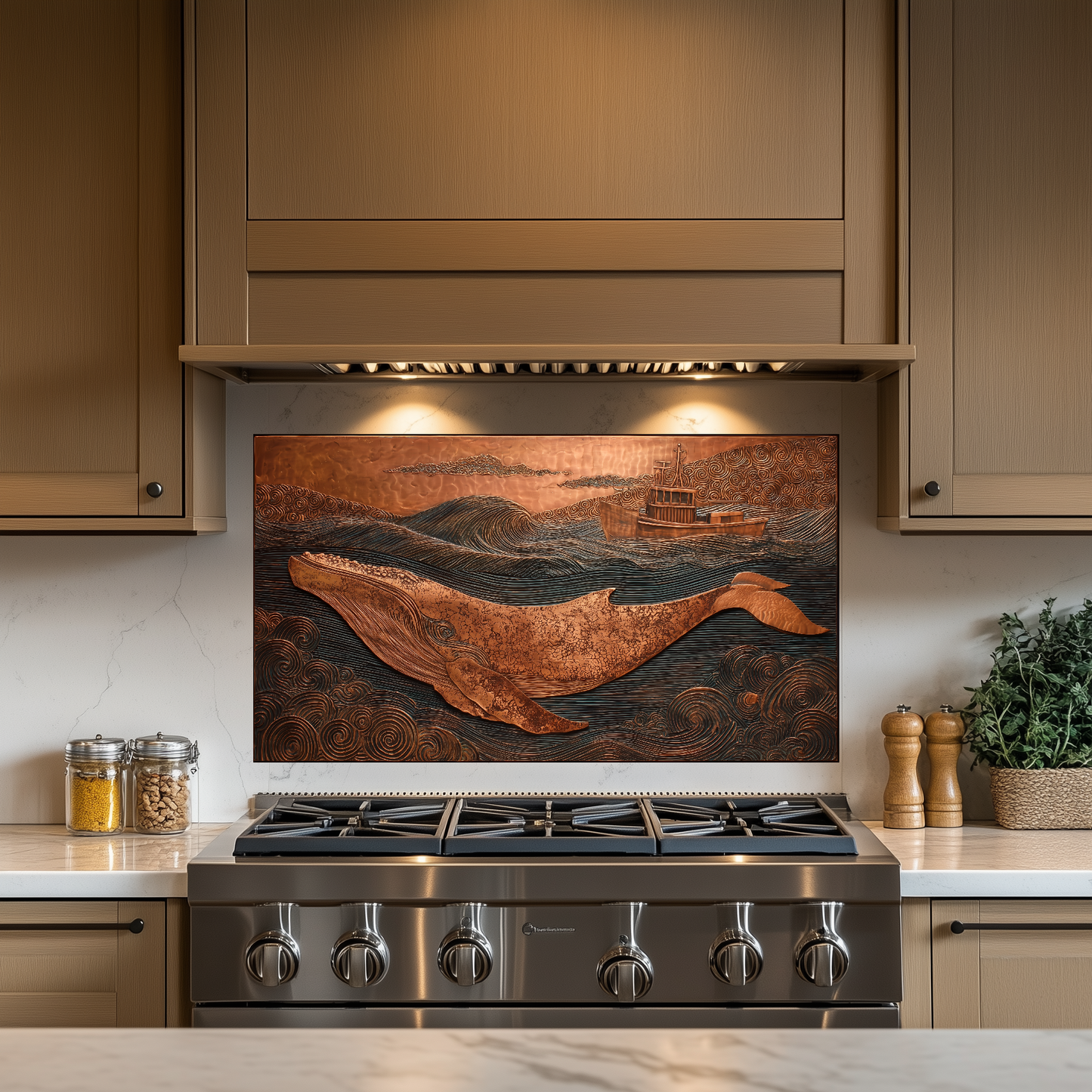 Copper Embossed Look Whale Under Northern Lights Printed Glass Backsplash | Ocean Art Tempered Glass Kitchen Wall Panel,Modern Coastal Decor