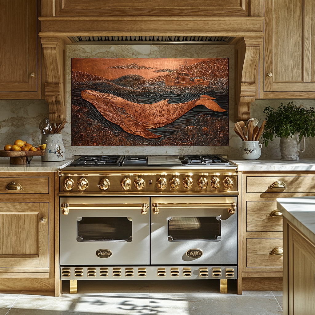 Copper Embossed Look Whale Under Northern Lights Printed Glass Backsplash | Ocean Art Tempered Glass Kitchen Wall Panel,Modern Coastal Decor