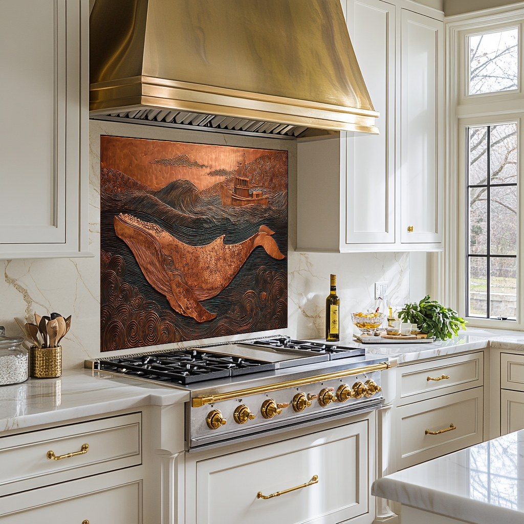 Copper Embossed Look Whale Under Northern Lights Printed Glass Backsplash | Ocean Art Tempered Glass Kitchen Wall Panel,Modern Coastal Decor