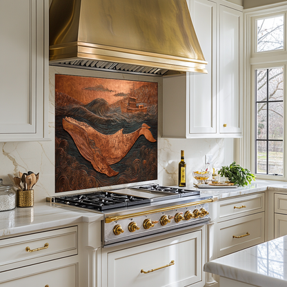 Copper Embossed Look Whale Under Northern Lights Printed Glass Backsplash | Ocean Art Tempered Glass Kitchen Wall Panel,Modern Coastal Decor