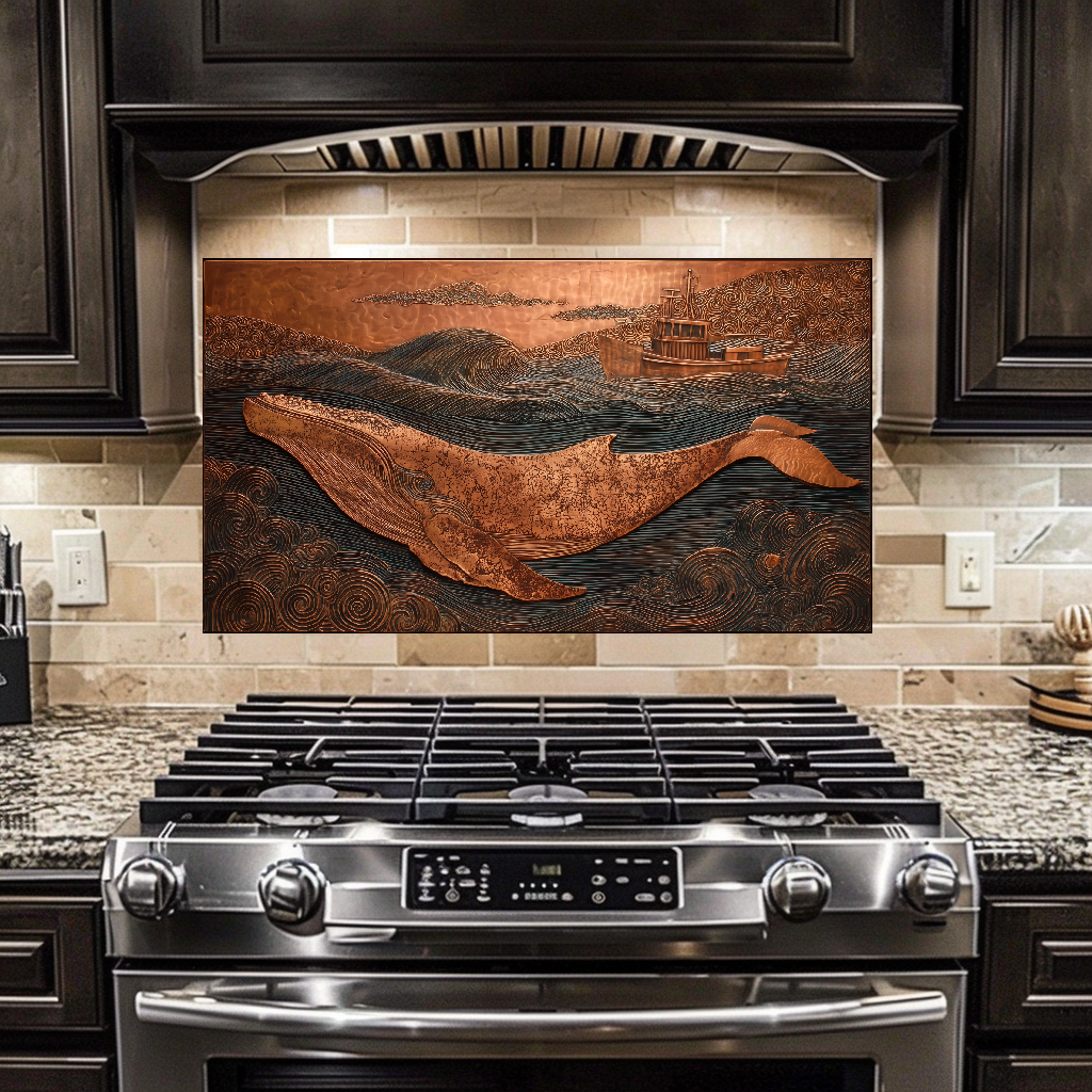 Copper Embossed Look Whale Under Northern Lights Printed Glass Backsplash | Ocean Art Tempered Glass Kitchen Wall Panel,Modern Coastal Decor