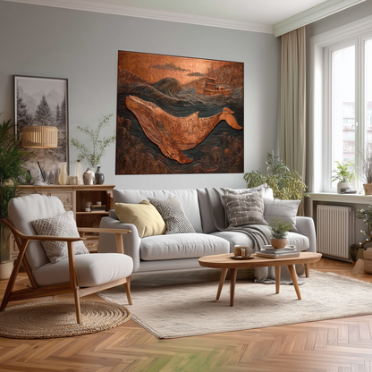 Copper Embossed Look Whale Under Northern Lights Printed Glass Backsplash | Ocean Art Tempered Glass Kitchen Wall Panel,Modern Coastal Decor
