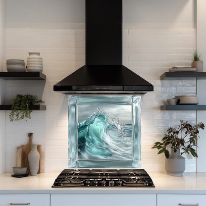 Ocean Wave Framed Look One Piece Tempered Glass Kitchen Backsplash for Stove Behind, Kitchen Splashback, Glass Wall Art
