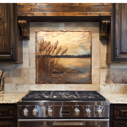 Copper Relief Look Reeds One Piece Tempered Glass Kitchen Splashback For Stove Behind, Kitchen Backsplash, Wall Art