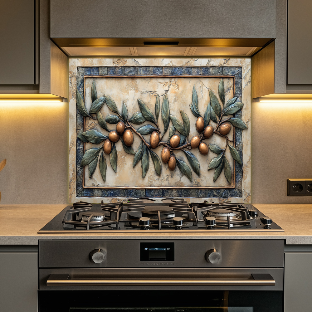 Copper Look Olive Branches One Piece Tempered Glass Kitchen Splashback For Stove Behind, Kitchen Backsplash, Wall Art