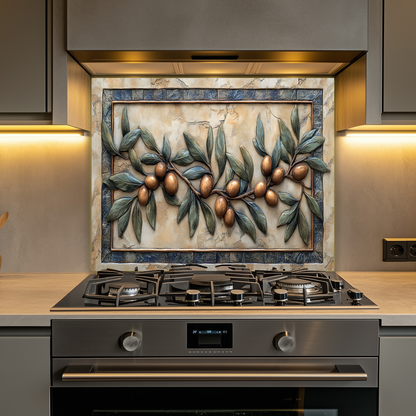 Copper Look Olive Branches One Piece Tempered Glass Kitchen Splashback For Stove Behind, Kitchen Backsplash, Wall Art