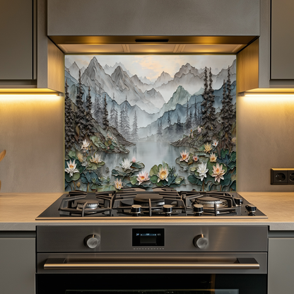 Made in USA, Floral Landscape Glass Backsplash & Wall Art – Pine Tree Splashback