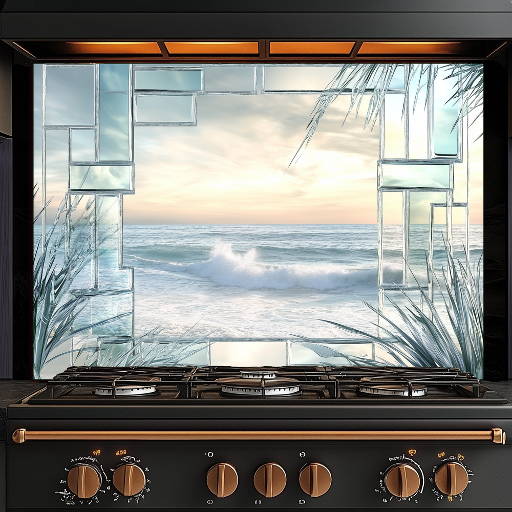 Ocean Landscape Scene Printed Tempered Glass Kitchen Backsplash Splashback Decorative Wall Art Panel for Modern Coastal Home Decor