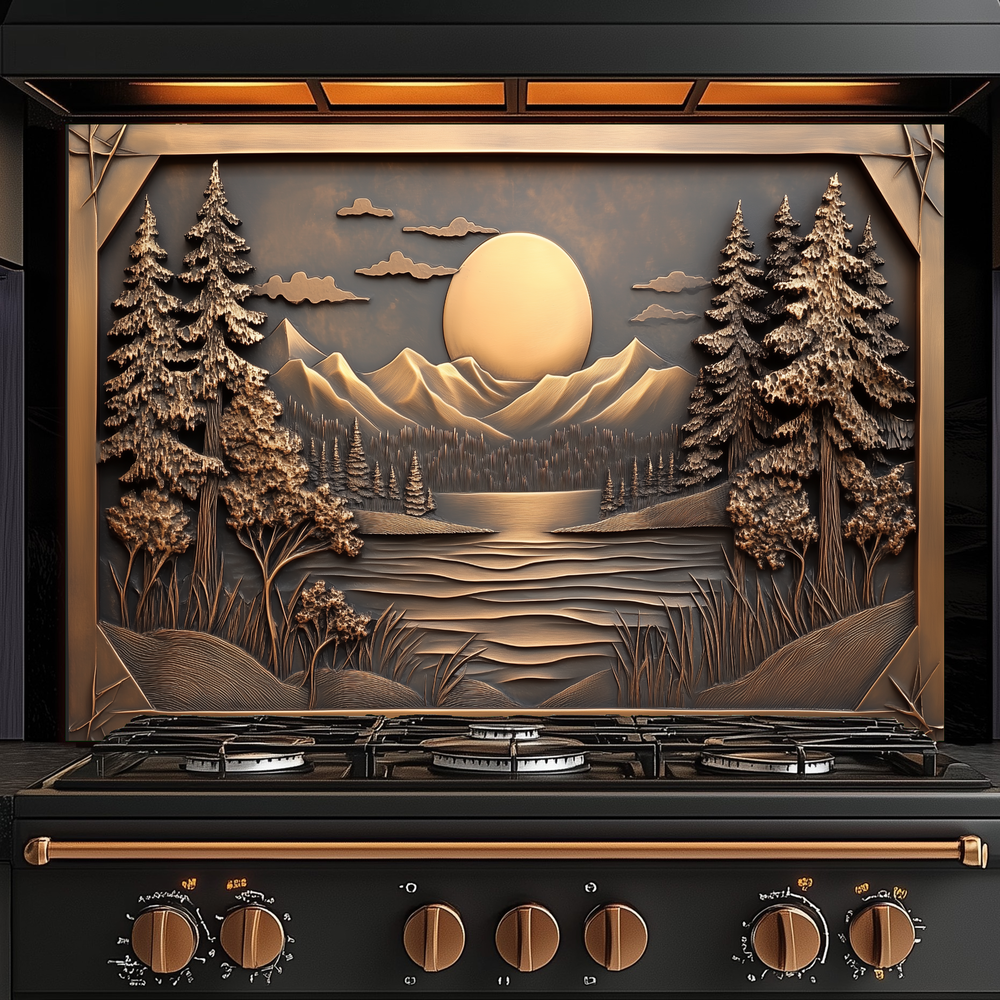 Copper Look Landscape Printed Tempered Glass Kitchen Splashback Backsplash Decorative Wall Art Panel for Modern Interiors