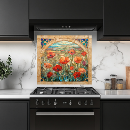 Colorful Poppy Flowers Glass Backsplash • Artistic Floral Kitchen Panel • Bold Botanical Wall Accent • Vibrant Modern Home Decor
