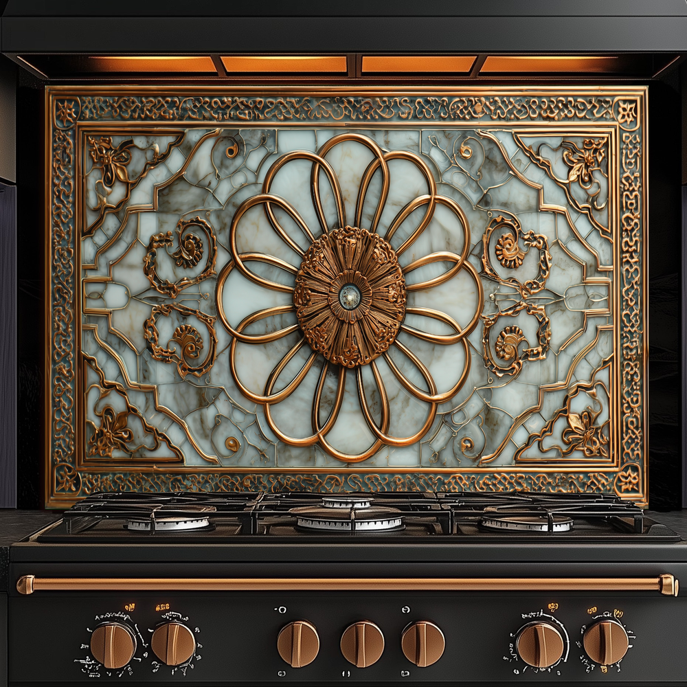 Copper Look Ottoman Tile Pattern Printed Tempered Glass Kitchen Backsplash Decorative Wall Panel for Stove Behind and Interior Decor