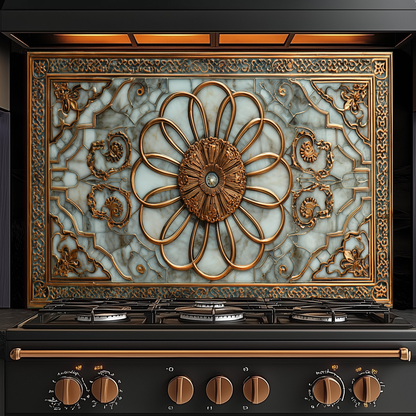 Copper Look Ottoman Tile Pattern Printed Tempered Glass Kitchen Backsplash Decorative Wall Panel for Stove Behind and Interior Decor