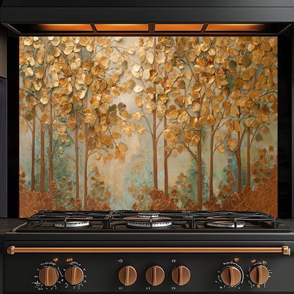 Forest Nature Artwork in Copper Tones Printed Tempered Glass Kitchen Splashback Backsplash Wall Panel for Modern Rustic Decor