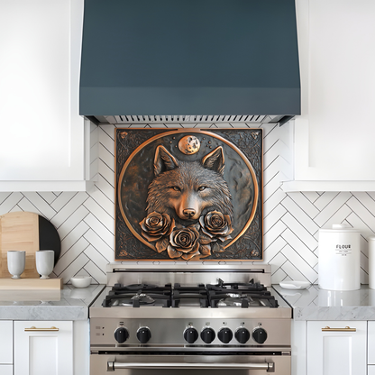 Copper Look Wolf and Roses Glass Backsplash Panel, Tempered Glass Wall Art, Rustic Kitchen Decor, Floral Wolf Design, Modern Stove Protector