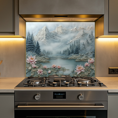 Made in USA, Floral Landscape Tempered Glass Backsplash Behind Stove & Wall Art – Rustic Pine Tree Splashback