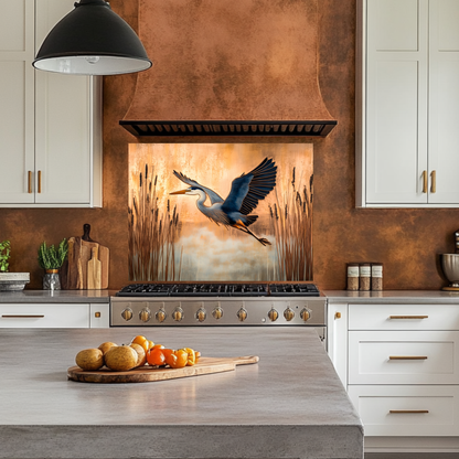 Copper Blue Heron Glass Backsplash Panel, Nature Inspired Kitchen Wall Art, Bird Theme Decorative Glass Tile, Rustic Coastal Home Decor