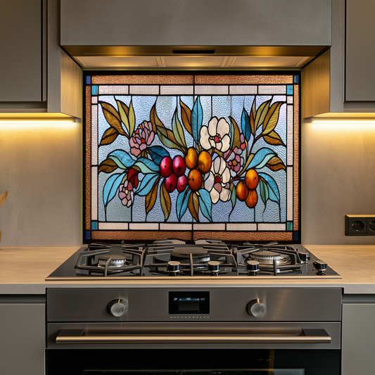 Floral Stained Look Glass Style Backsplash Panel, Tempered Glass Wall Art, Timeless Color Design, Elegant Kitchen Decor, Stove Protector