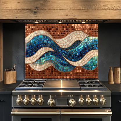 Mosaic Copper Ocean Wave Glass Backsplash • Coastal Wall Art Panel • Artistic Blue Water Kitchen Decor • Textured Nautical Design