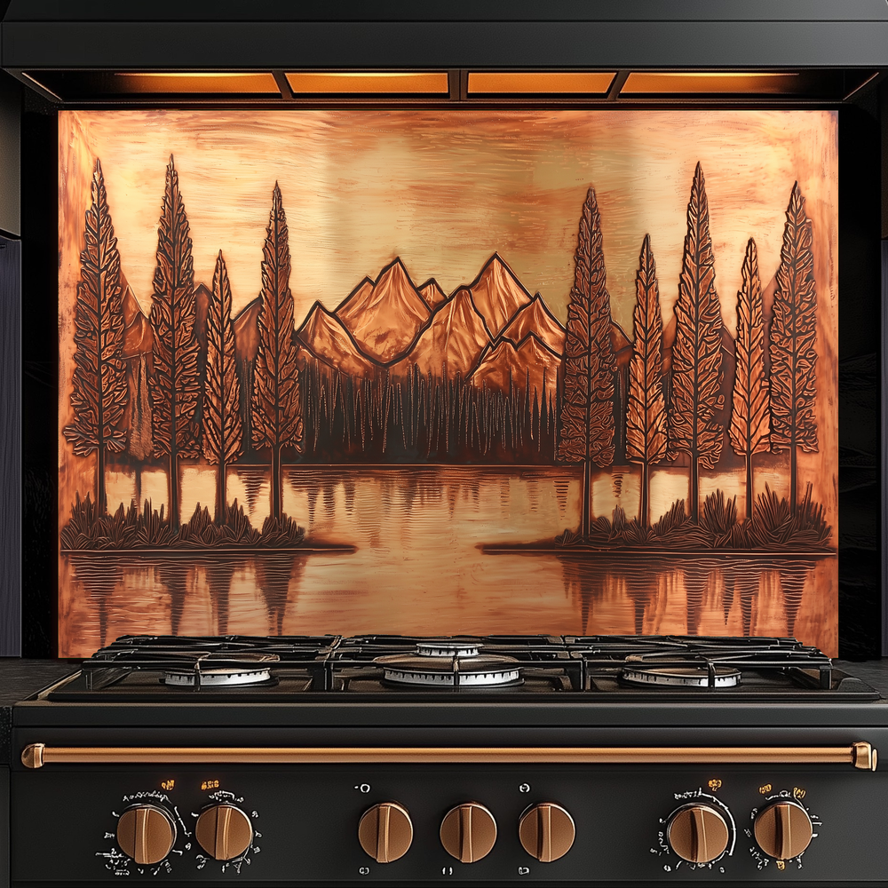 Copper Tone Mountain & Glass Tree Landscape Printed Tempered Glass Kitchen Backsplash Splashback or Wall Art Panel