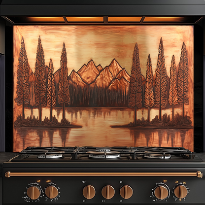 Copper Tone Mountain & Glass Tree Landscape Printed Tempered Glass Kitchen Backsplash Splashback or Wall Art Panel