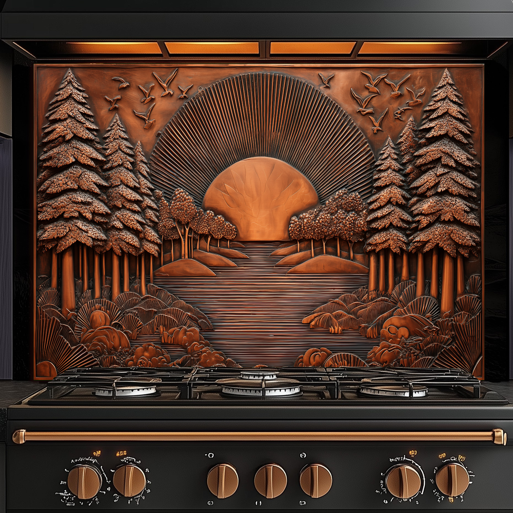Landscape Design in Copper Look Printed Tempered Glass Kitchen Backsplash Splashback Wall Art Panel