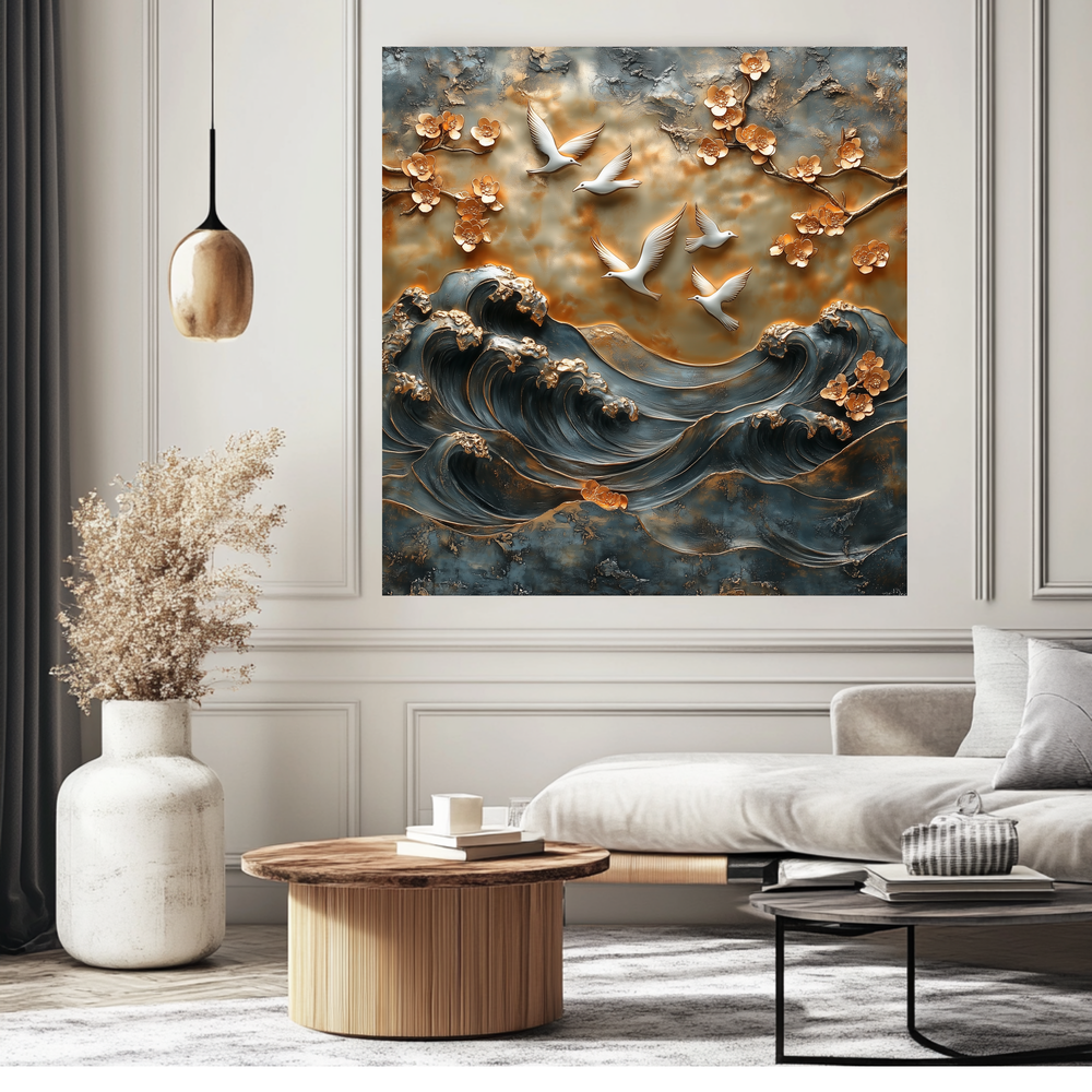 Waves and Pigeons Prints One Piece Tempered Glass Kitchen Splashback For Stove Behind, Kitchen Backsplash, Wall Art