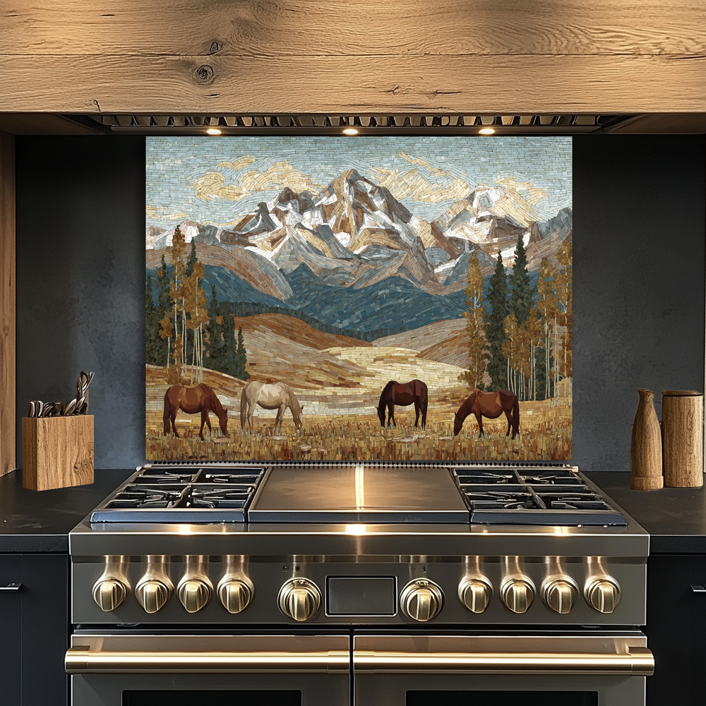 Nature and Horses Mosaic Glass Backsplash • Rustic Kitchen Panel • Artistic Equestrian Wall Art • Scenic Animal Design