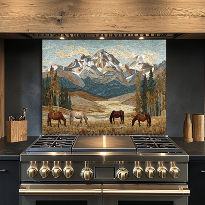 Nature and Horses Mosaic Glass Backsplash • Rustic Kitchen Panel • Artistic Equestrian Wall Art • Scenic Animal Design