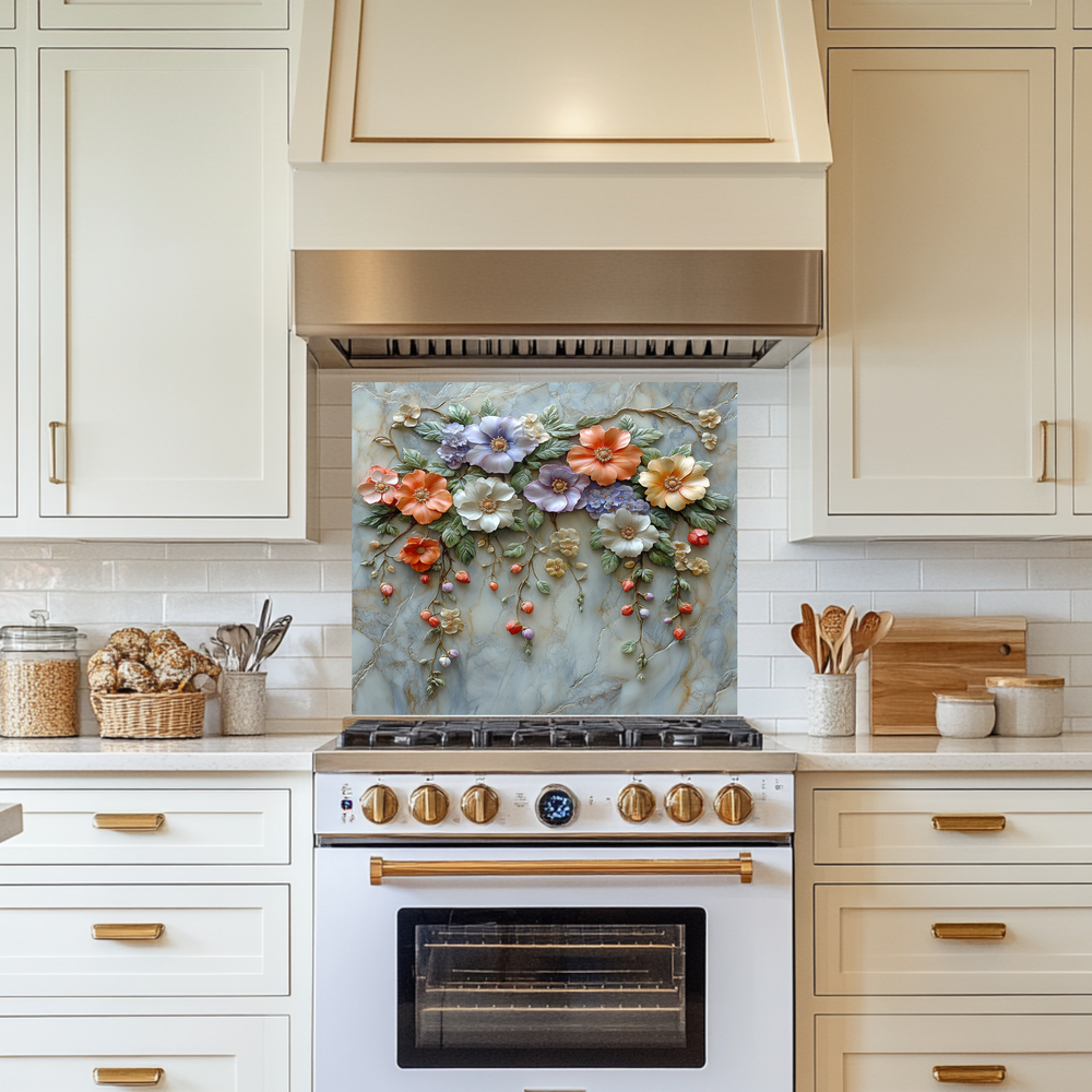 Embossed Flowers One Piece Tempered Glass Kitchen Splashback For Stove Behind, Kitchen Backsplash, Wall Art
